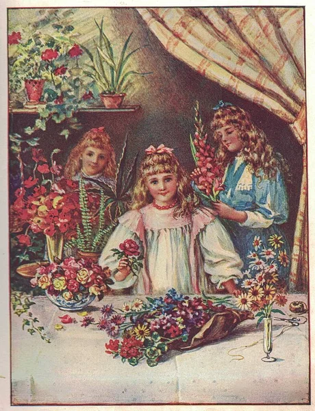 Χρωματιστά Αντίκες Απεικόνιση Δείχνει Κορίτσια Δέσμες Λουλουδιών Vintage Εικόνα Δείχνει — Φωτογραφία Αρχείου
