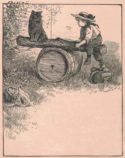 Une Illustration Antique Montre Garçon Chat Sur Une Balançoire Illustration — Photo
