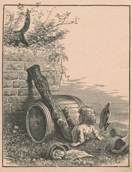 Den Antika Illustrationen Visar Pojke Falla Från Gungbräda Vintage Illustration — Stockfoto