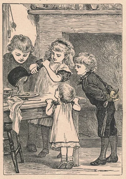Antique illustration shows children cooking in the kitchen. Vintage illustration shows children try cooking at home. Old picture from fairy tale book. Storybook illustration published 1910. A fairy tale, fairytale, wonder tale, magic tale, fairy stor