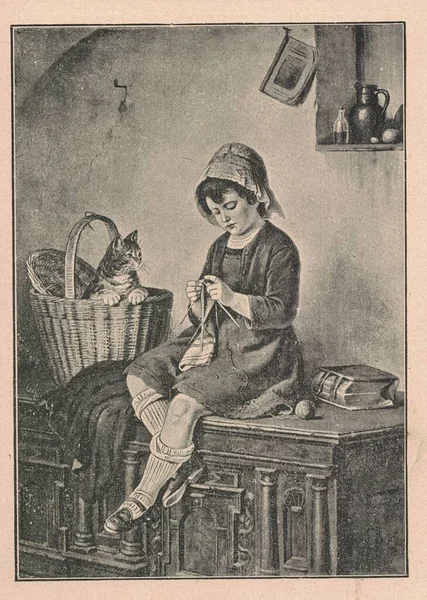 アンティークイラストは少女の編みを示しています ヴィンテージイラストは若い女の子の編み物を示しています おとぎ話の本から古い写真 ストーリーブックイラスト1910年発行 — ストック写真