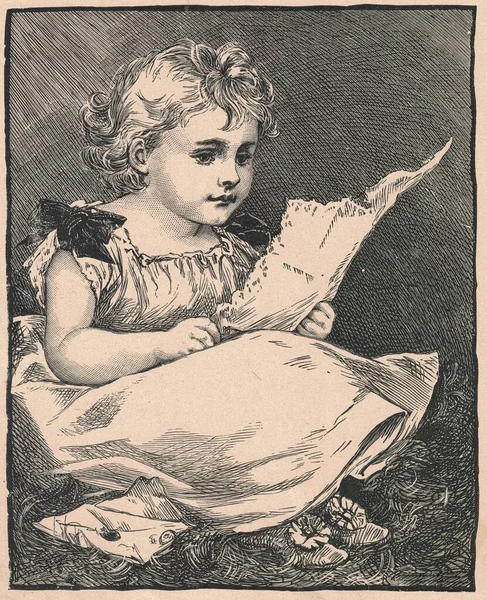 Black White Antique Illustration Shows Cute Little Girl Reading Letter — Stock Photo, Image