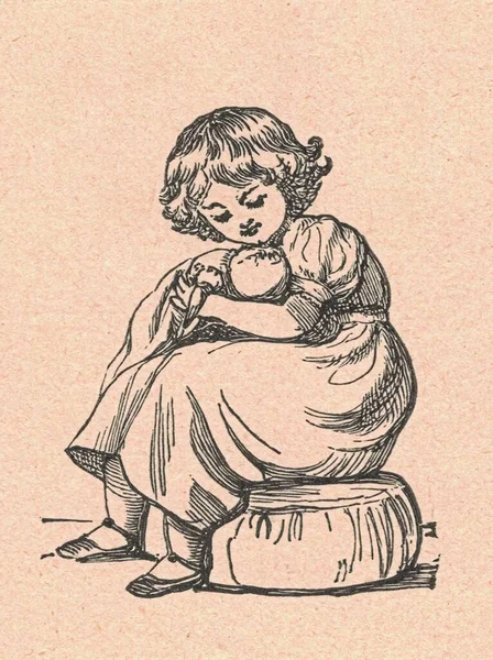 Siyah Beyaz Antika Çizimler Kızı Oyuncak Bebeğini Gösteriyor Klasik Muhteşem — Stok fotoğraf
