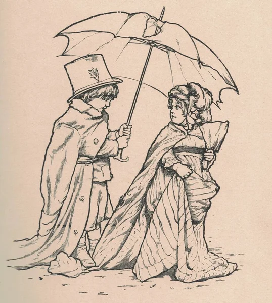 Black & white antique illustration shows a girl and boy with umbrella. Vintage marvellous illustration shows the girl and boy with brolly. Old fabulous picture from fairytale book. Storybook illustration published 1910. A fairy tale, fairytale, wonde