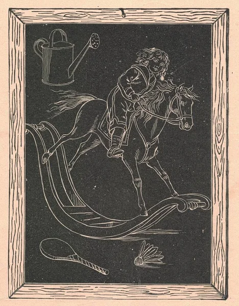 Illustrazione Antica Mostra Ragazzo Cavallo Dondolo Disegnato Una Lavagna Illustrazione — Foto Stock