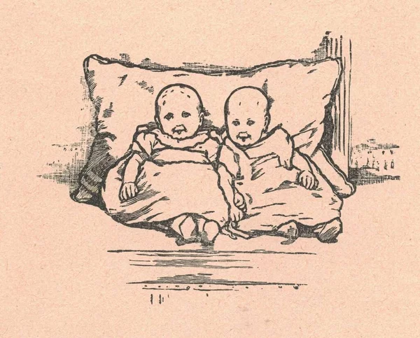 Black & white antique illustration shows two cute babies. Vintage marvellous illustration shows two cute babies. Old fabulous picture from fairytale book. Storybook illustration published 1910.