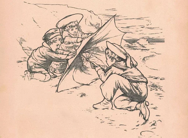 Black and white antique illustration shows the boys on the beach. Vintage illustration shows the boys on the beach. Old picture from fairy tale book. Storybook illustration published 1910. A fairy tale, fairytale, wonder tale, magic tale, fairy story