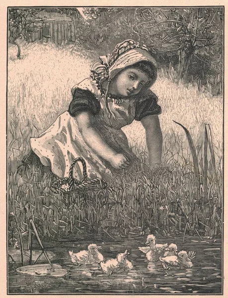 Black White Antique Illustration Shows Girl Sitting Bank River Tiny — Stock Photo, Image