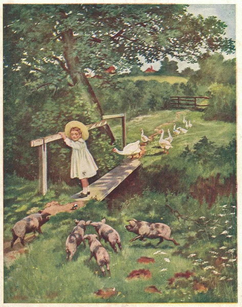 Красочная Антикварная Иллюстрация Показывает Крошечную Девочку Маленьком Мосту Винтажная Иллюстрация — стоковое фото
