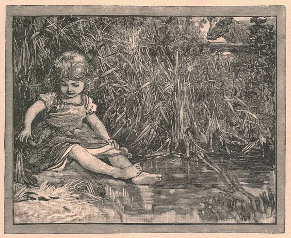Черно Белая Антикварная Иллюстрация Показывает Маленькую Девочку Берегу Реки Винтажные — стоковое фото