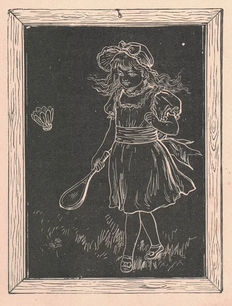 Black and white antique illustration shows a girl playing badminton drawn on a blackboard. Vintage illustration shows the  girl playing badminton drawn on the blackboard. Old picture from fairy tale book. Storybook illustration published 1910. Oral s