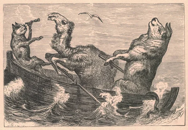 Zwart Wit Antieke Illustratie Toont Dieren Een Boot Vintage Illustratie — Stockfoto