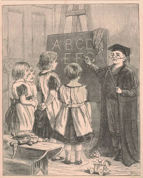 Svart Och Vit Antik Illustration Visar Flickor Och Kvinnlig Lärare — Stockfoto