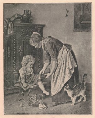 Siyah beyaz antika çizimler, bir annenin kızın çoraplarını bacaklarına giydirdiğini gösteriyor. Klasik fevkalade bir illüstrasyon, bir annenin kızın çoraplarını bacaklarına giydiğini gösteriyor. Masal kitabındaki eski muhteşem resim. Hikaye kitabı illüstrasyonu 1910 'da yayınlandı. F