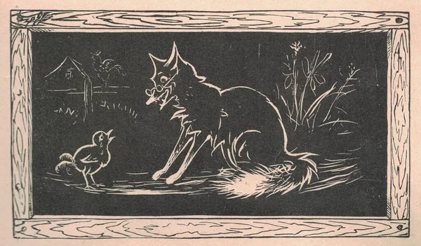 Black and white antique illustration shows a clever fox and a bird drawn on a blackboard. Vintage illustration shows the smart fox and the bird drawn on the blackboard. Old picture from fairy tale book. Storybook illustration published 1910. By the 1