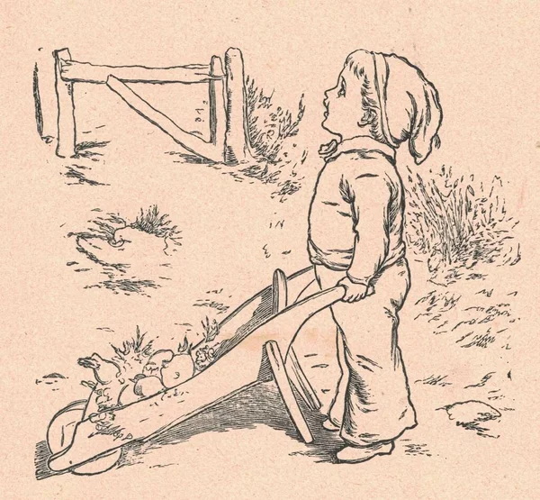 Illustrazione Antica Bianco Nero Mostra Bambino Una Carriola Splendida Illustrazione — Foto Stock