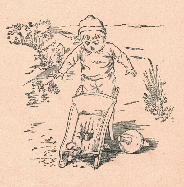 黒と白のアンティークのイラストは 小さな男の子と壊れた車輪を示しています ヴィンテージの素晴らしいイラストは 小さな男の子と壊れたホイールバローを示しています おとぎ話の本から古い素晴らしい画像 1910年に出版されたストーリーブックイラスト 妖精さん — ストック写真