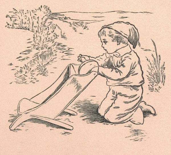 Czarno Biała Ilustracja Pokazuje Małego Chłopca Powtarzającego Połamaną Taczkę Vintage — Zdjęcie stockowe