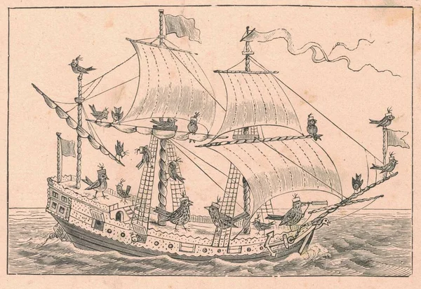 Black White Antique Illustration Shows Ship Sea Vintage Marvellous Illustration — Stock Photo, Image