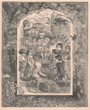 Siyah beyaz antika çizimler bahçesinde çiçekli çocukları gösteriyor. Klasik çizimler çiçek açan bahçede bir grup çocuğu gösteriyor. Masal kitabındaki eski resim. Hikaye kitabı illüstrasyonu 1910 'da yayınlandı. Peri masalı, masal, merak