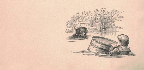 Mustavalkoinen Antiikkikuvitus Esittää Poikaa Koiraa Joessa Vintage Kuvassa Poika Koira — kuvapankkivalokuva