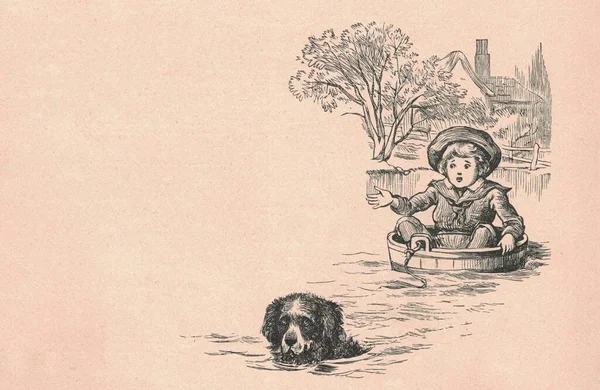 Black and white antique illustration shows a boy and dog sails in the river. Vintage illustration shows the boy boy sits in the barrel and sails in the river. Old picture from fairy tale book. Storybook illustration published 1910. Oral storytelling