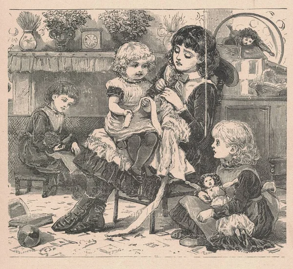 黒と白のアンティークのイラストは リビングルームの子供たちを示しています ヴィンテージイラストは自宅で子供たちを示しています おとぎ話の本から古い写真 1910年に出版されたストーリーブックイラスト おとぎ話 おとぎ話 不思議な物語 魔法の物語 妖精の星 — ストック写真