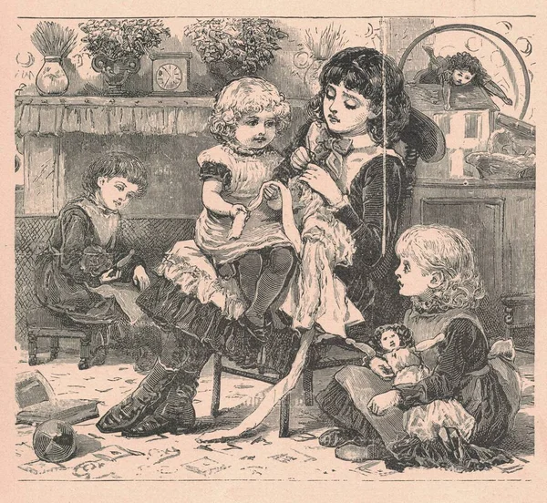Black and white antique illustration shows children in the living room. Vintage illustration shows children at home. Old picture from fairy tale book. Storybook illustration published 1910. A fairy tale, fairytale, wonder tale, magic tale, fairy stor