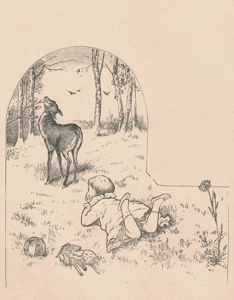 Черно Белая Антикварная Иллюстрация Показывает Маленькую Девочку Смотрящую Оленя Лугу — стоковое фото
