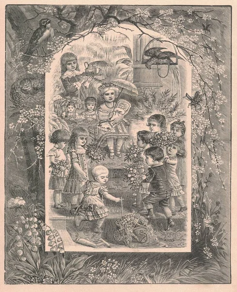 黒と白のアンティークイラストは庭に花を持つ子供たちを示しています ヴィンテージ図面は 開花庭の子供たちのグループを示しています おとぎ話の本から古い写真 1910年に出版されたストーリーブックイラスト おとぎ話 おとぎ話 不思議 — ストック写真