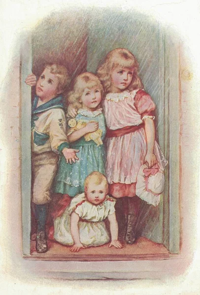 Illustrazione Colorata Antica Mostra Bambine Ragazzo Disegno Vintage Mostra Gruppo — Foto Stock