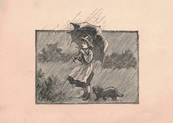 Czarno Biała Antyczna Ilustracja Pokazuje Małą Dziewczynkę Trzymającą Parasol Deszczowym — Zdjęcie stockowe