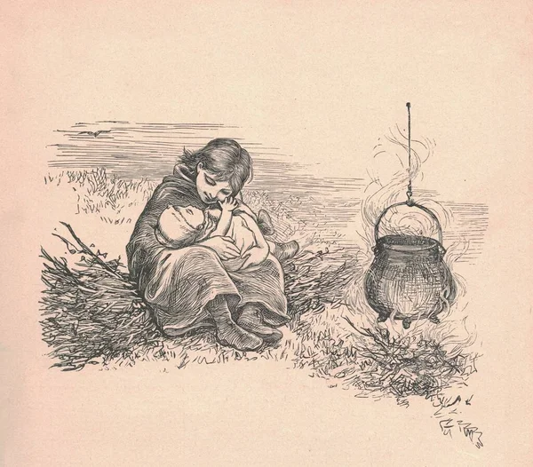 Black and white antique illustration shows a female tramp and her little baby. Vintage drawing shows the female tramp and her small baby. Old picture from fairy tale book. Storybook illustration published 1910. A fairy tale, fairytale, wonder tale, m