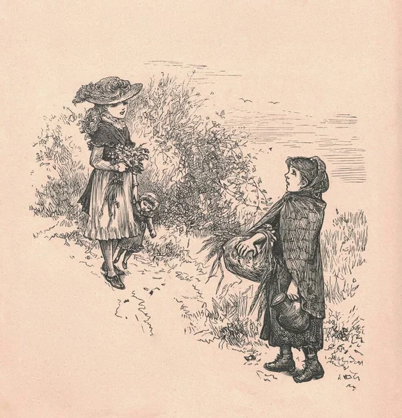 Black and white antique illustration shows two little girls in nature. Vintage drawing shows two young girls outside. Old picture from fairy tale book. Storybook illustration published 1910. A fairy tale, fairytale, wonder tale, magic tale, fairy sto