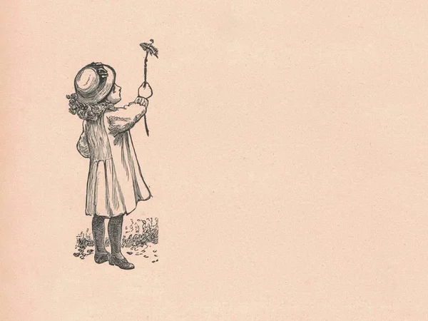 Ilustração Antiga Preto Branco Mostra Uma Menina Usando Chapéu Desenho — Fotografia de Stock