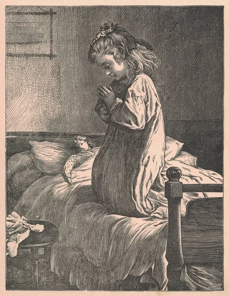 Black and white antique illustration shows a little girl prays on a bed. Vintage drawing shows the small girl prays on the bed. Old picture from fairy tale book. Storybook illustration published 1910. A fairy tale, fairytale, wonder tale, magic tale,