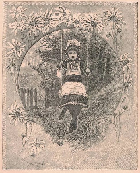 Black and white antique illustration shows a girl swinging on a swing. Vintage illustration shows the girl sitting on a swing in the garden. Old picture from fairy tale book. Storybook illustration published 1910. Oral storytelling is the earliest me