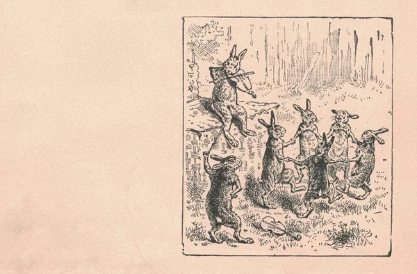 Siyah Beyaz Antika Çizimler Bir Grup Tavşanın Çayırda Dans Ettiğini — Stok fotoğraf