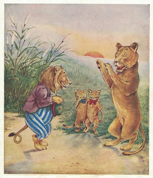 Kolorowa Antyczna Ilustracja Ukazuje Uroczą Lwią Rodzinę Vintage Rysunek Pokazuje — Zdjęcie stockowe