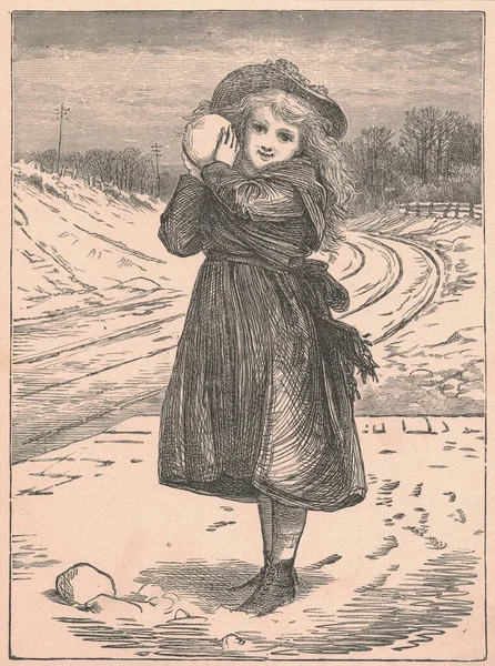 Black and white antique illustration shows a girl holds a snowball. Vintage drawing shows the cute girl holds the snowball in wintertime. Old picture from fairy tale book. Storybook illustration published 1910. A fairy tale, fairytale, wonder tale, m