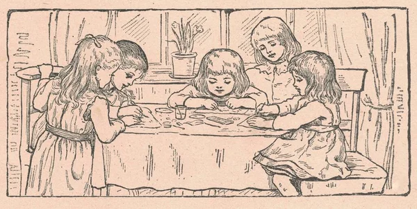 Black and white antique illustration shows children that paint and draw around the table. Vintage drawing shows the children sit around the table. Old picture from fairy tale book. Storybook illustration published 1910. A fairy tale, fairytale, wonde