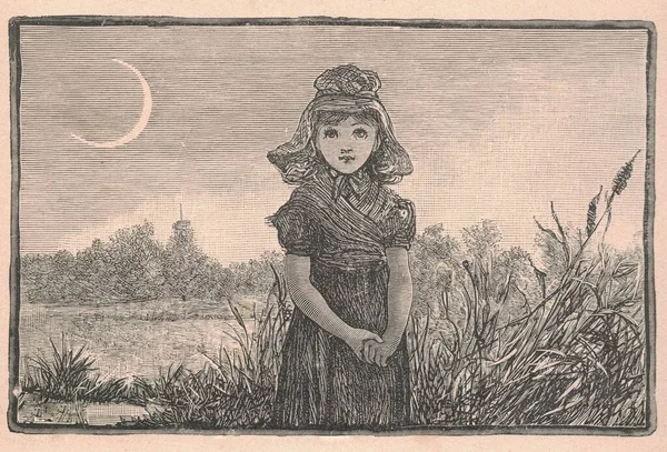 Black and white antique illustration shows a girl at dusk. Vintage drawing shows the girl at twilight. Old picture from fairy tale book. Storybook illustration published 1910. A fairy tale, fairytale, wonder tale, magic tale, fairy story or Marchen i