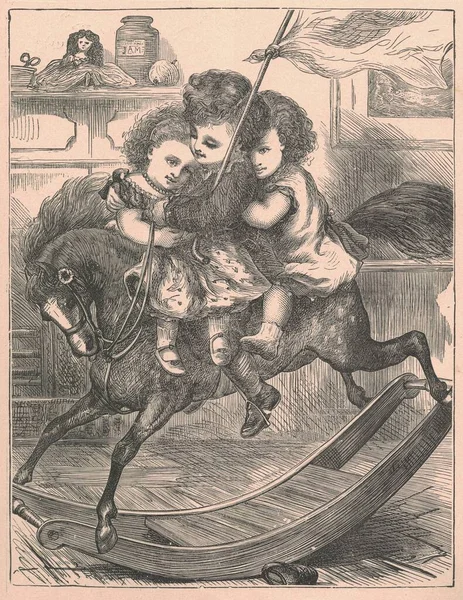 Black and white antique illustration shows children swing on a rocking horse. Vintage drawing shows the children swing on the rocking horse. Old picture from fairy tale book. Storybook illustration published 1910. A fairy tale, fairytale, wonder tale