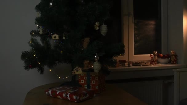 クリスマスツリー クリスマスツリーの装飾の閉鎖 クリスマスツリーのライト クリスマスと新年の装飾 贈り物 お菓子付きのクリスマスツリー 窓辺の装飾 — ストック動画