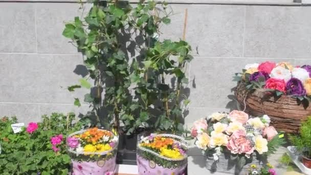 Flor Loja Exterior Com Arranjos Florais Buquês Flores Preparadas Para — Vídeo de Stock