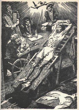 Medieval torture chamber. Stretching the body by torture. Illustration by Zdenek Burian. Probably the most commonly know torture device from the Middle Ages, the rack was a wooden platform, with rollers at both ends. clipart
