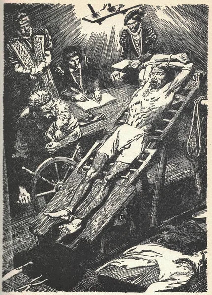 中世の拷問室 拷問で身体を伸ばす Zdenek Burianのイラスト おそらく最も一般的に知っている中世の拷問装置 ラックは木製のプラットフォームでした 両端にローラー付き — ストック写真