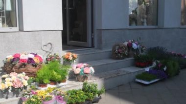 Çiçekçi dükkanının önünde satışta olan çiçekler. Kaldırımda çiçek askıları var. Çiftçilerin bitkilerini satmak. Çiçeklerden para kazanmak. Fabrika satarak para kazanıyordum. Küçük işletme kuruluşu.