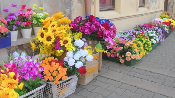 Pudełka Sztucznymi Kwiatami Przed Małym Sklepem Sprzedaż Detaliczna Sztucznych Plastikowych — Wideo stockowe