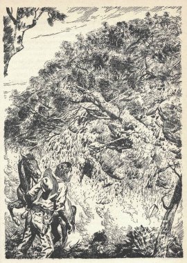 Vahşi batıda bir kovboy. Uçurumun kenarında bir kovboy. Eski siyah beyaz çizim. Klasik çizim. Görüntü: Zdenek Burian. Zdenek Michael Frantisek Burian (11 Şubat 1905, Koprivnice, Moravia, Avusturya-Macaristan, 1 Temmuz 1981, Pr.